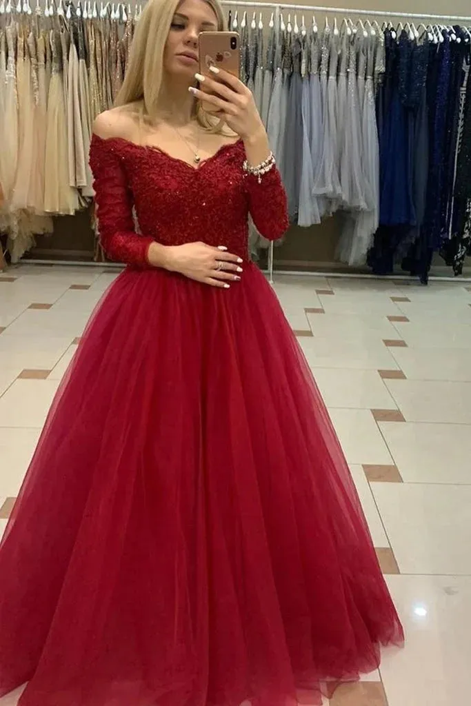 Long Sleeves Burgundy Prom Dresses Lace Off Shoulder Tulle Formal Evening Dresses sold by My Chic Dress product image thumbnail 2