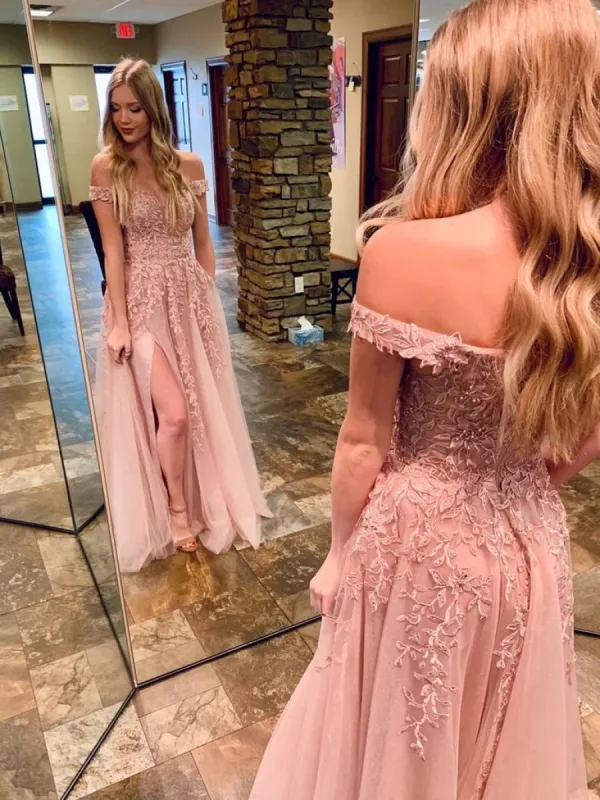 Long Pink Lace Prom Dresses Off the Shoulder Formal Evening Dresses sold by My Chic Dress