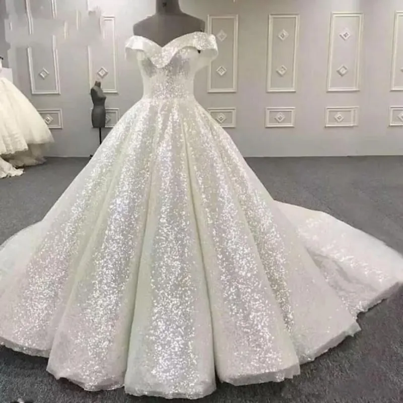 Gorgeous 2025 Sequin Wedding Dresses White A Line Off the Shoulder Bridal Gown sold by My Chic Dress