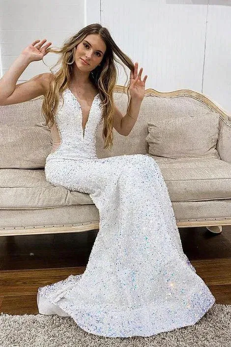 Shiny Sequin Prom Dresses Iridescent White Long V-Neck Mermaid Evening Dress sold by My Chic Dress product image thumbnail 3