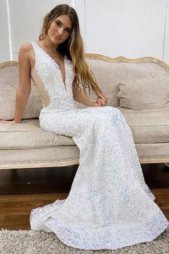 Shiny Sequin Prom Dresses Iridescent White Long V-Neck Mermaid Evening Dress sold by My Chic Dress product image thumbnail 4