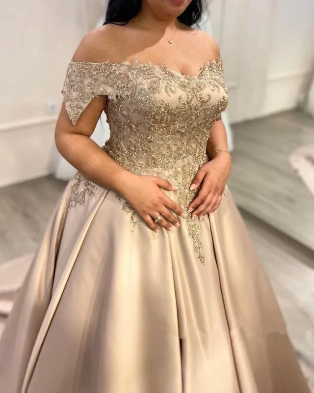 Off The Shoulder Champagne Plus Size Prom Dresses Lace Beaded Evening Gown sold by My Chic Dress