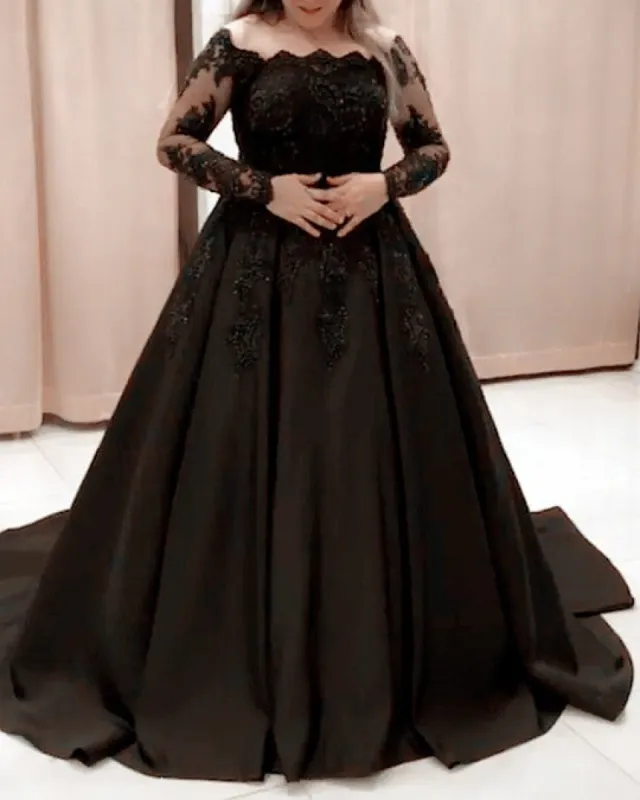 Black Long Sleeves Lace Prom Dresses Plus Size Satin Formal Evening Gown sold by My Chic Dress