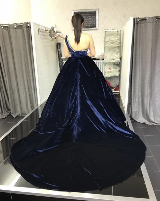Ball Gown One Shoulder Velvet Navy Plus Size Prom Dresses with Beaded sold by My Chic Dress product image thumbnail 2