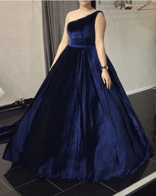Ball Gown One Shoulder Velvet Navy Plus Size Prom Dresses with Beaded sold by My Chic Dress