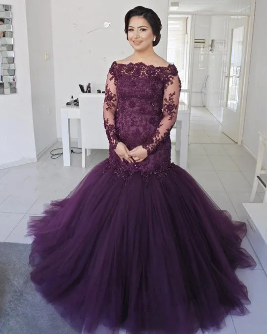 Purple Long Sleeves Plus Size Prom Dresses Lace Mermaid Formal Evening Gowns sold by My Chic Dress