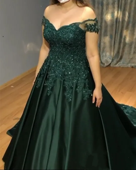 A Line Off The Shoulder Sequin Lace Plus Size Prom Dresses sold by My Chic Dress