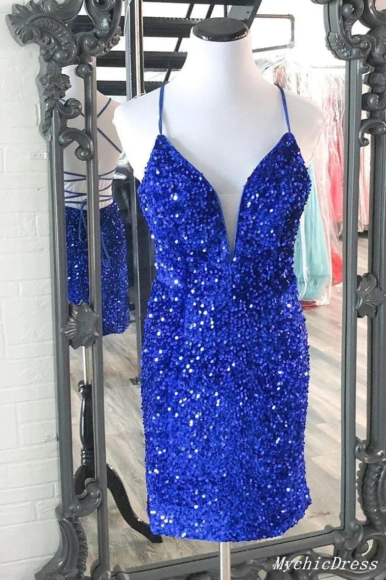 Cheap Short Sequin Homecoming Dresses Tight Spaghetti Straps Hoco Dress sold by My Chic Dress product image thumbnail 3