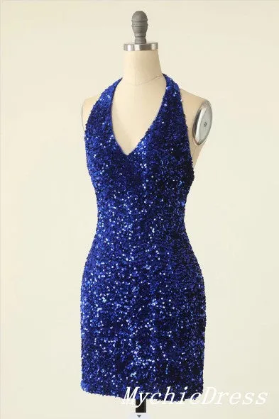 Cheap Halter Royal Blue Homecoming Dresses Mini Tight Sparkly Cocktail Dress sold by My Chic Dress product image thumbnail 3