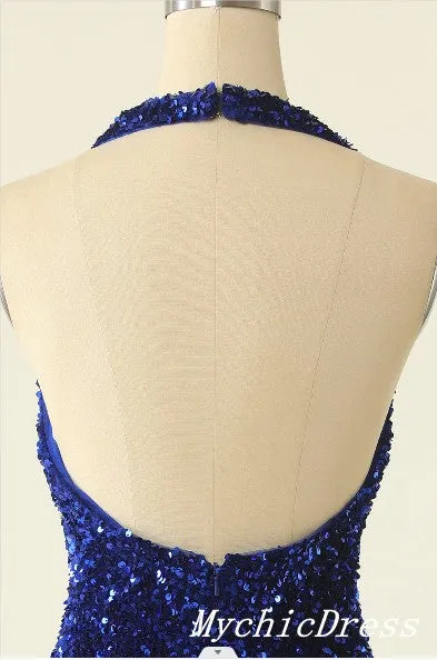 Cheap Halter Royal Blue Homecoming Dresses Mini Tight Sparkly Cocktail Dress sold by My Chic Dress product image thumbnail 2