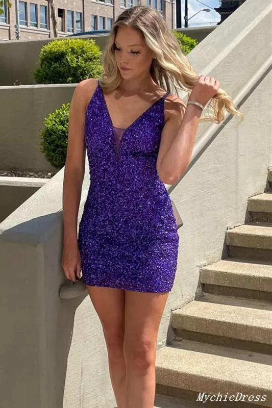 Hot Purple Sequin Hoco Dresses Short Mermaid Cocktail Dresses sold by My Chic Dress