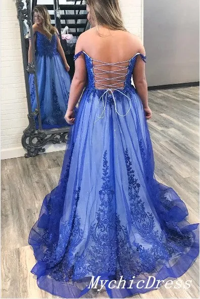 Hot Off the Shoulder Lace Blue Prom Dresses 2025 Plus Size Evening Dress sold by My Chic Dress product image thumbnail 2