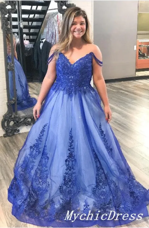 Hot Off the Shoulder Lace Blue Prom Dresses 2025 Plus Size Evening Dress sold by My Chic Dress