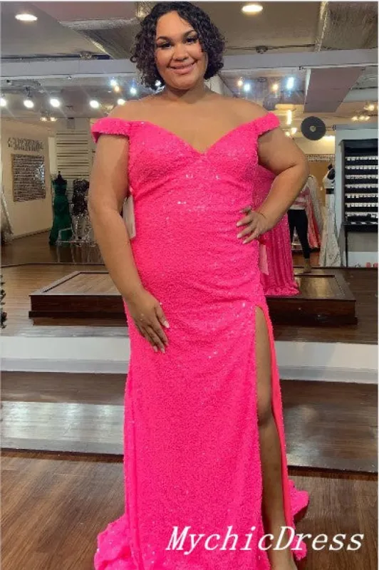 Cheap Pink 2025 Prom Dresses Plue Size Long Off the Shoulder Mermaid Evening Dress sold by My Chic Dress