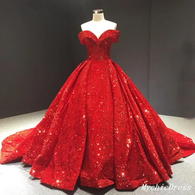 2025 Sparkly Red Ball Gown Wedding Dresses Sequin Off the Shouder Quince Dress sold by My Chic Dress