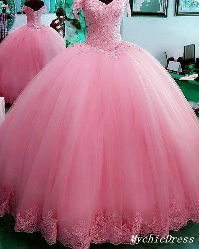Hot Ball Gown Lace Quinceanera Dresses Tulle Appliques Off Shoulder Party Dress sold by My Chic Dress