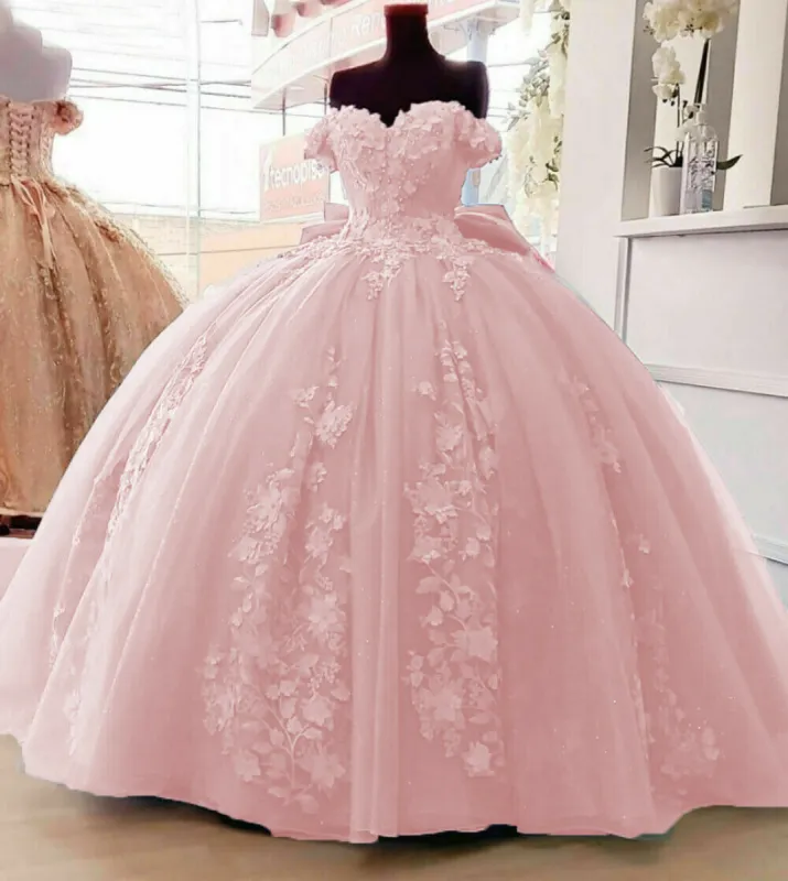 2025 Cheap Pink Quinceanera Dresses Applique Off Shoulder Sweet 16 Ball Gowns sold by My Chic Dress