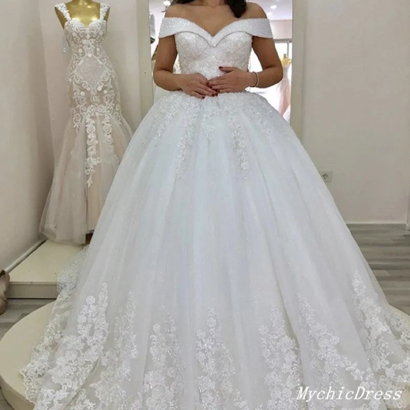 Gorgeous Off the Shoulder Lace Sequin Vintage Wedding Dresses sold by My Chic Dress