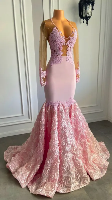 Pink Long Sleeves Lace Prom Dresses Mermaid Tulle Evening Formal Gown sold by My Chic Dress