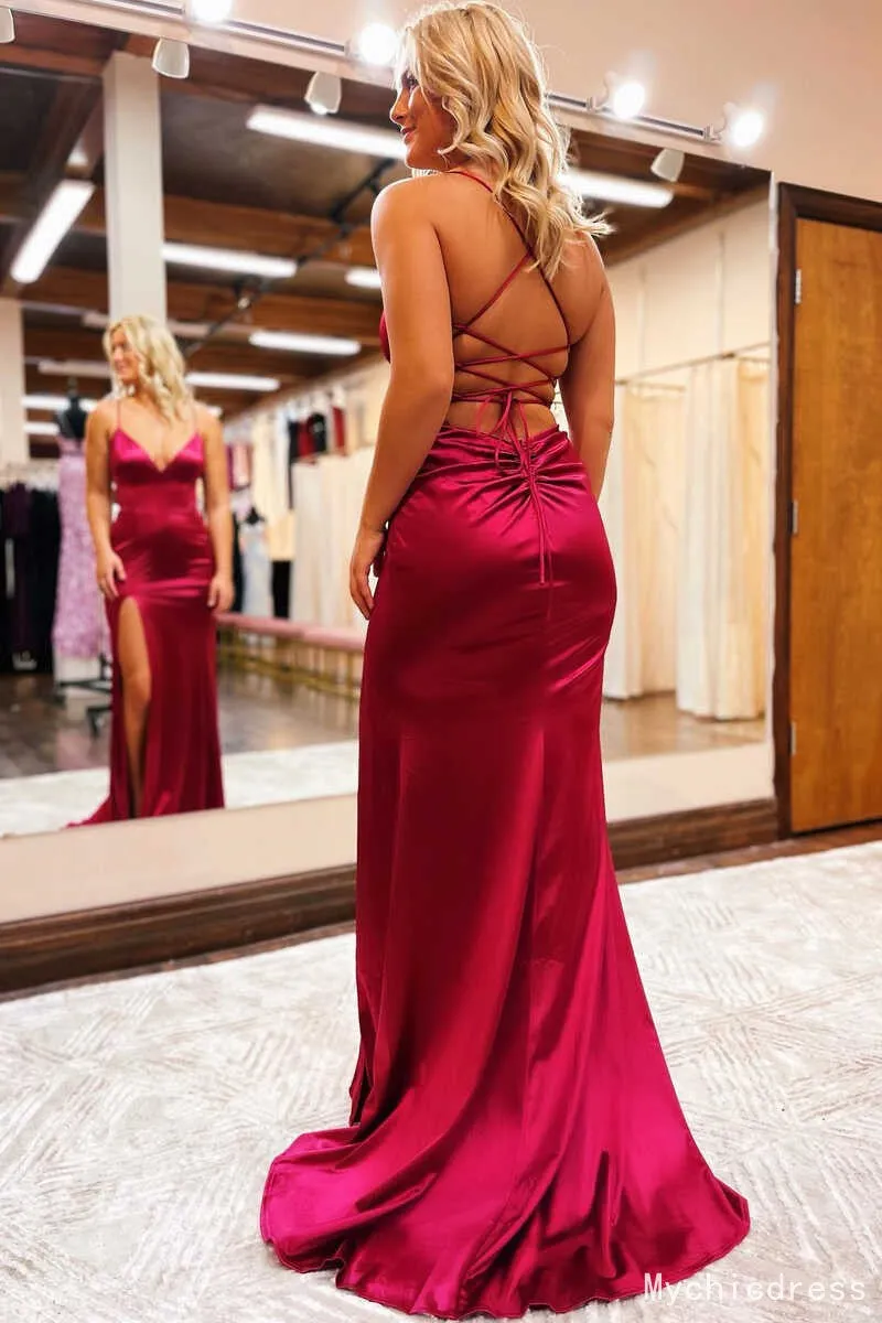 Cheap Satin V-Neck Mermaid Long 2025 Prom Formal Dress Lace-Up Back sold by My Chic Dress product image thumbnail 5