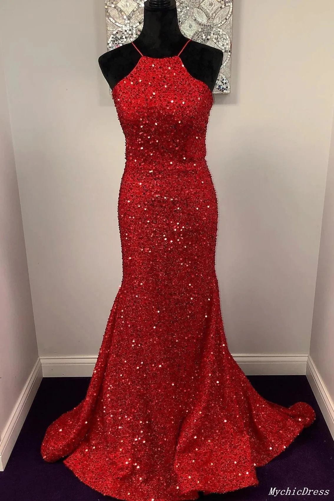 Red Prom Dresses Sequin Halter Long Sleeveless Mermaid Evening Dress sold by My Chic Dress