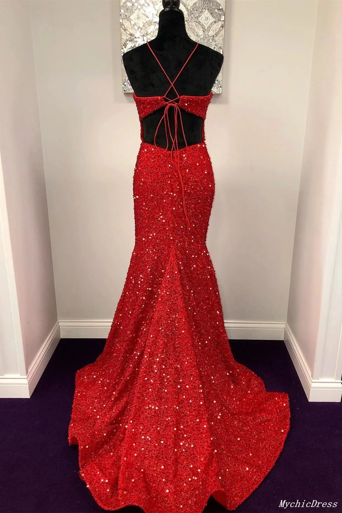 Red Prom Dresses Sequin Halter Long Sleeveless Mermaid Evening Dress sold by My Chic Dress product image thumbnail 2