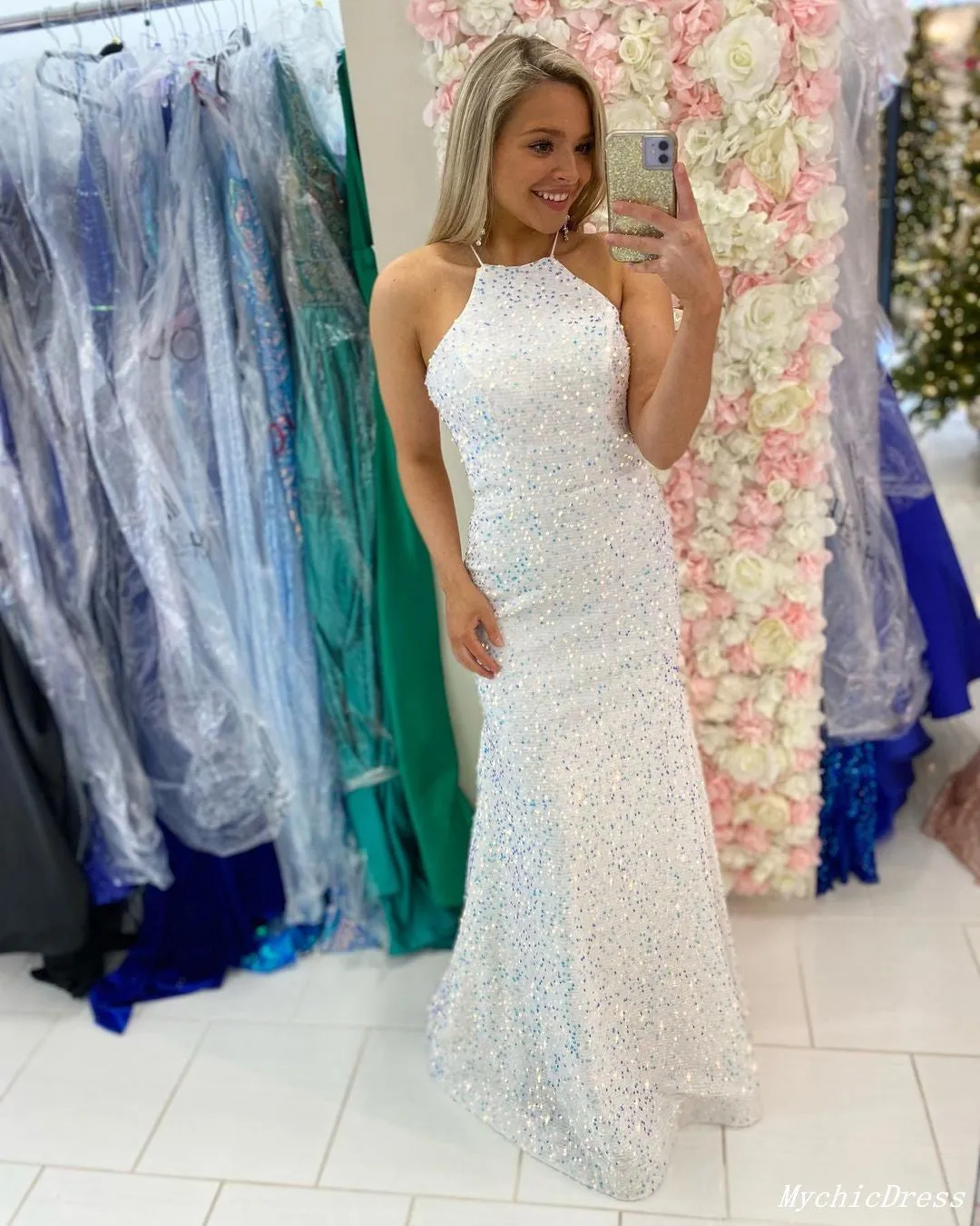 Red Prom Dresses Sequin Halter Long Sleeveless Mermaid Evening Dress sold by My Chic Dress product image thumbnail 4