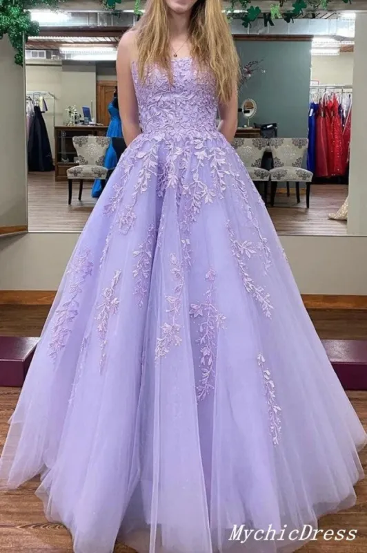 Long Strapless Lace Prom Dresses Purple Floor Length Evening Dress sold by My Chic Dress