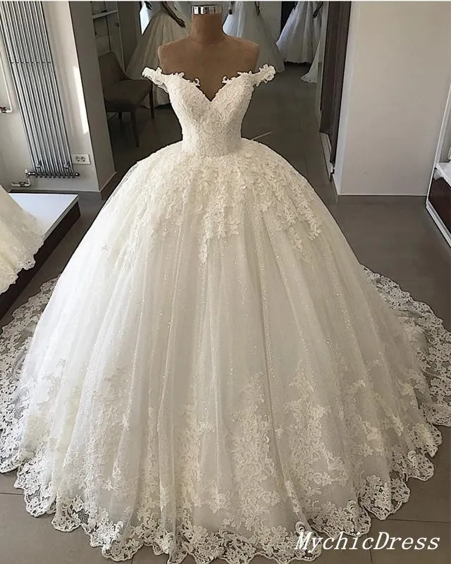 Ivory Tulle Lace Ball Gown Wedding Dresses Appliques Off the Shoulder sold by My Chic Dress
