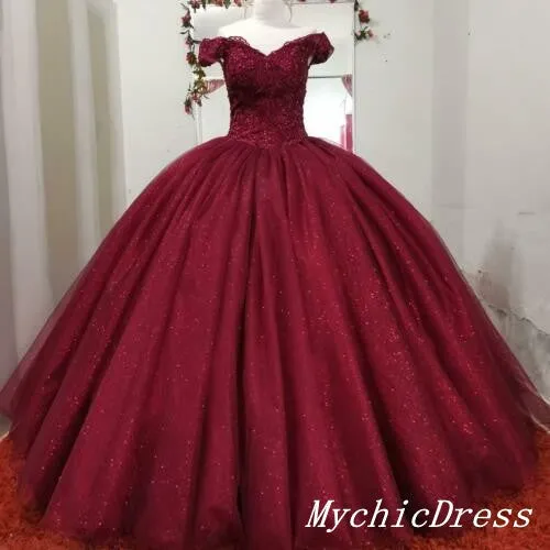 Hot 2025 Burgundy Ball Gown Sequin Wedding Dresses Lace Quince Dresses sold by My Chic Dress