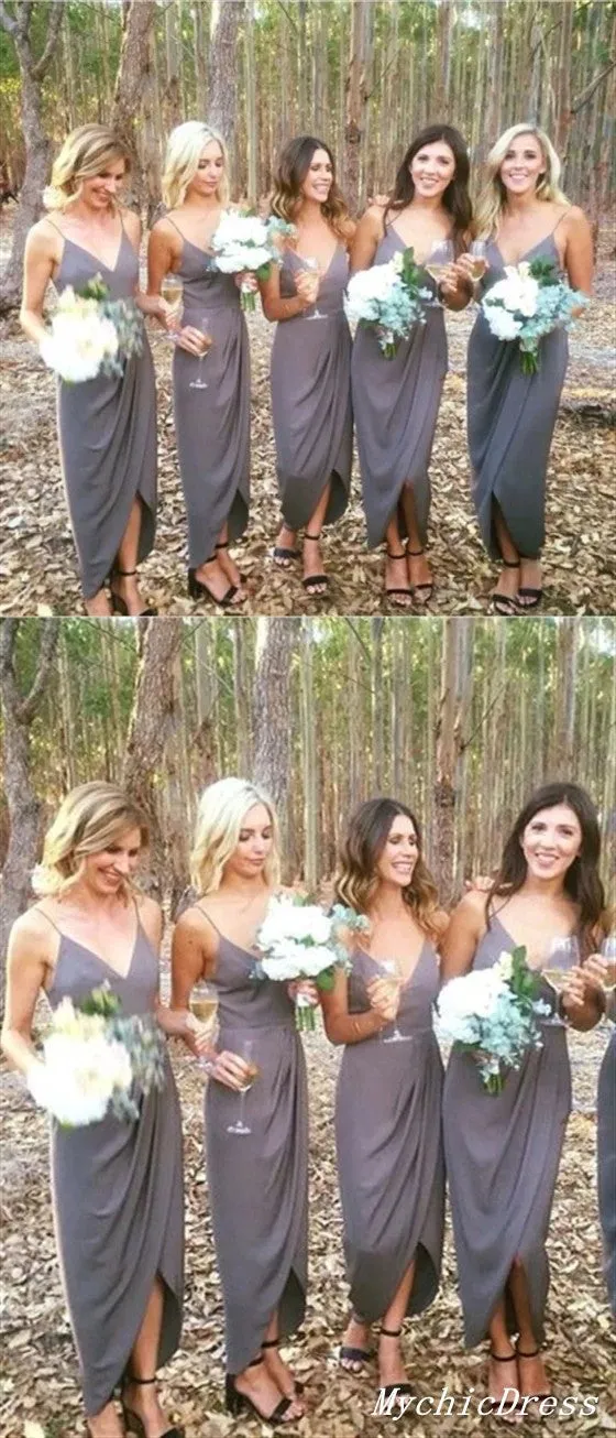 Simple Dark Grey Chiffon Bridesmaid Dresses V Neck Wedding Guest Dress UK sold by My Chic Dress product image thumbnail 2