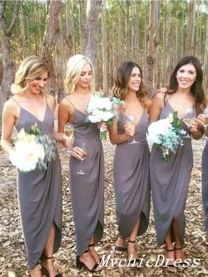 Simple Dark Grey Chiffon Bridesmaid Dresses V Neck Wedding Guest Dress UK sold by My Chic Dress