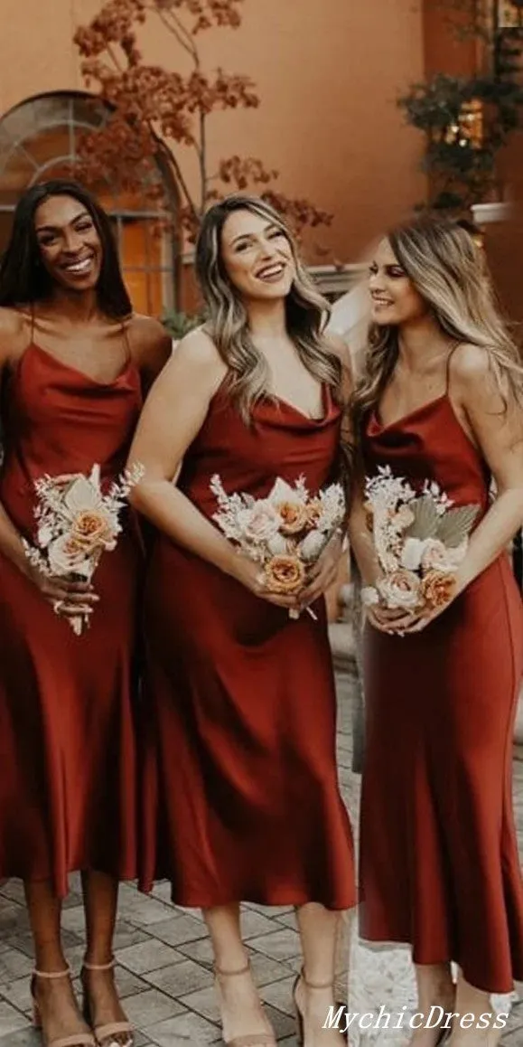 Simple Cheap Rust Bridesmaid Dresses UK Midi Wedding Guest Dresses sold by My Chic Dress product image thumbnail 3