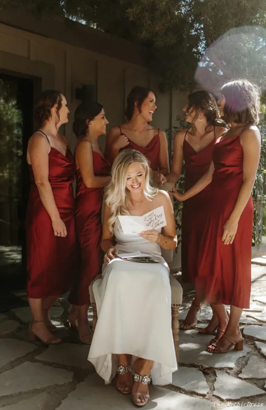 Hot Rust Simple Satin Bridesmaid Dresses Short Spaghetti Straps sold by My Chic Dress