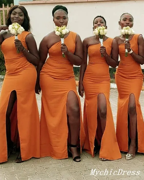 Sexy One Shoulder Mermaid Orange Bridesmaid Dresses UK with Split sold by My Chic Dress