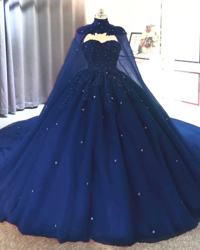 Ball Gown 2025 Navy Blue Tulle Lace Crystals Quinceanera Dresses With Cape sold by My Chic Dress