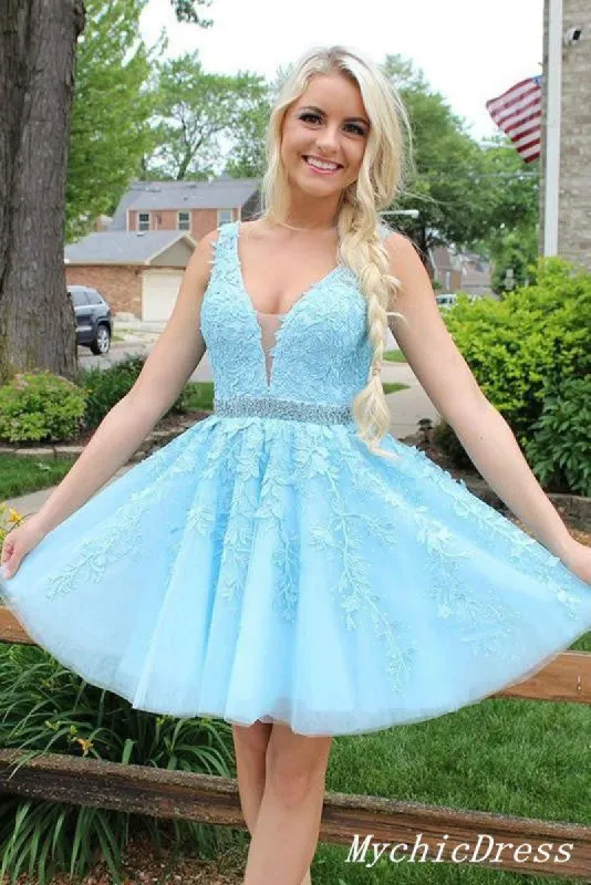 Short Blue Homecoming Dresses Lace Beaded V Neck A Line Cocktail Dress sold by My Chic Dress