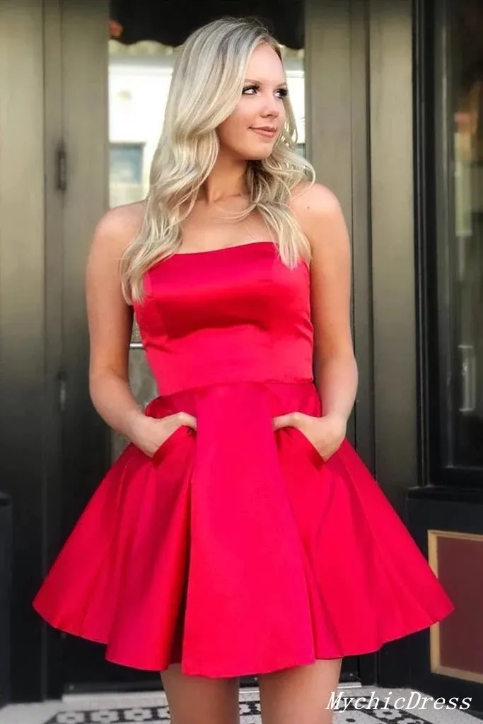 Simple Short Red Satin Homecoming Dresses Strapless with Pockets sold by My Chic Dress