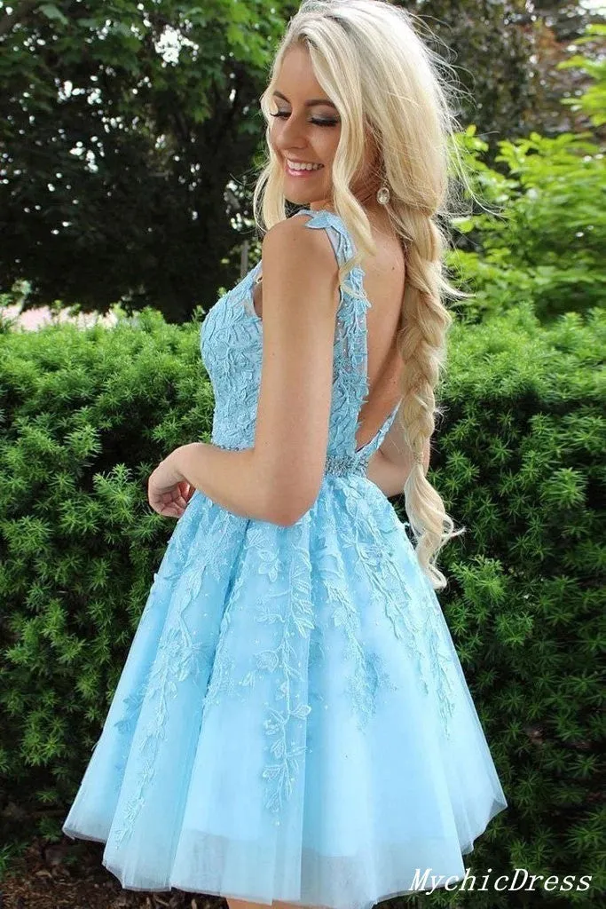 A Line Short Lace 2025 Homecoming Dresses V Neck Beaded Cocktail Dress sold by My Chic Dress product image thumbnail 4