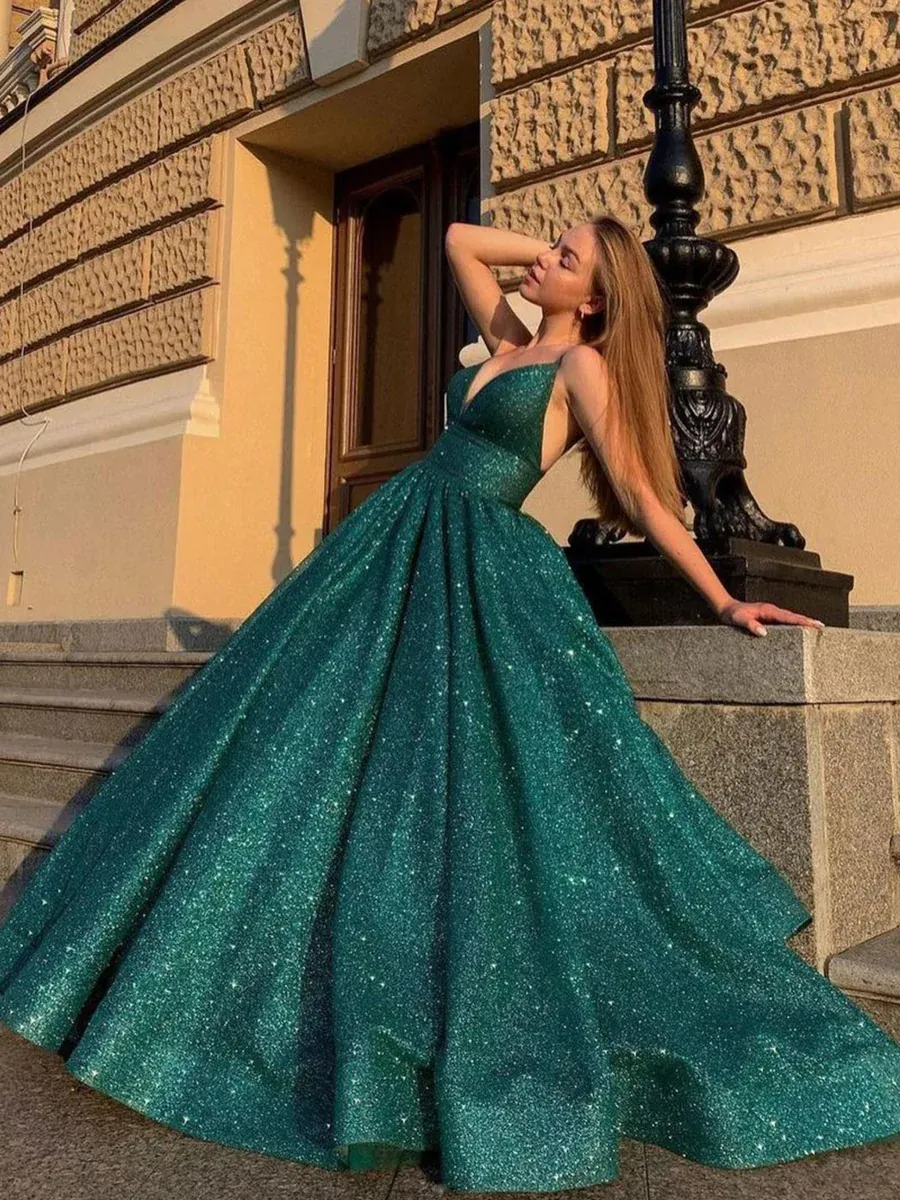 Hot Green Sequin Prom Dresses A Line Long Evening Gormal Gowns sold by My Chic Dress product image thumbnail 2