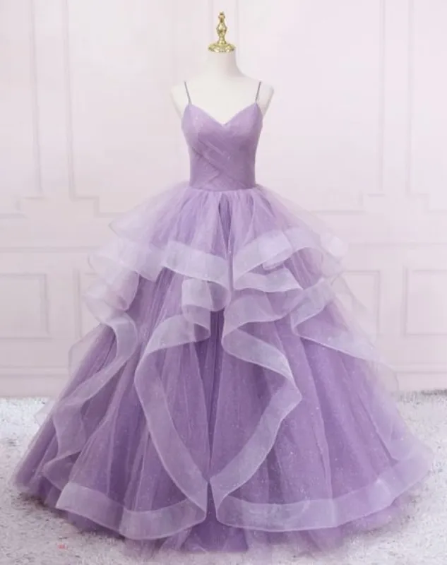 Sparkly Purple Evening Dresses Spaghetti Straps A Line Tulle Prom Dresses sold by My Chic Dress