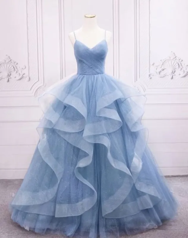 A Line Sparkly Blue Evening Dresses Tulle Prom Dresses Spaghetti Straps sold by My Chic Dress