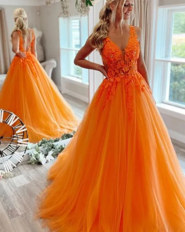 2025 Orange Lace Beaded Prom Dresses V Neck Tulle Sleeveless Evening Dress UK sold by My Chic Dress