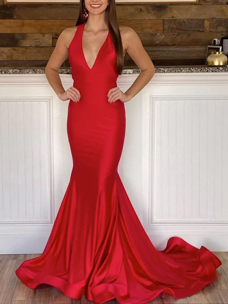 2025 Long Satin Red Evening Dresses Mermaid V Neck Cheap Prom Dress sold by My Chic Dress