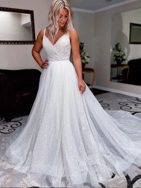 Shiny White Sequin Prom Dresses V Neck Long Spaghetti Straps Evening Dress sold by My Chic Dress