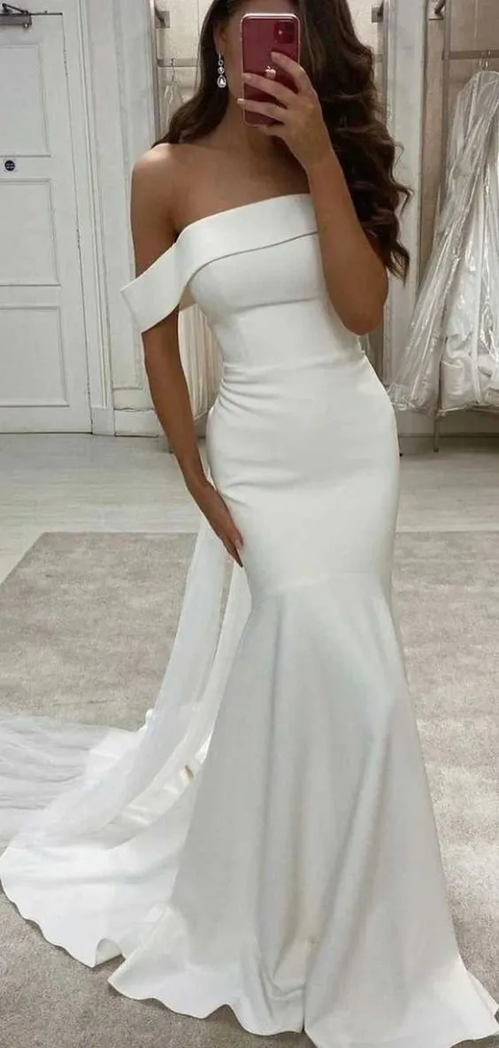 Off the Shoulder Mermaid Satin Bridal Dress UK Long Ivory Wedding Dress sold by My Chic Dress product image thumbnail 2