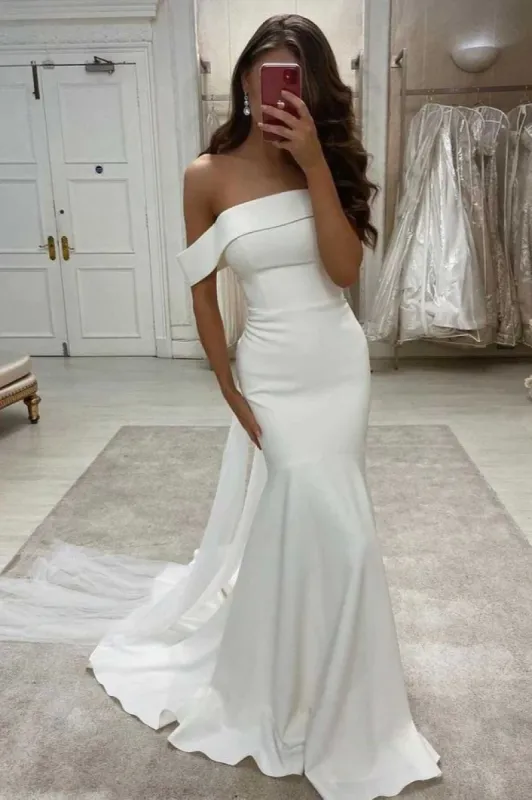 Off the Shoulder Mermaid Satin Bridal Dress UK Long Ivory Wedding Dress sold by My Chic Dress