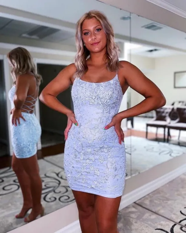 Hot Short Lace Blue Homecoming Dresses Tight Spaghetti Straps Cross Back sold by My Chic Dress