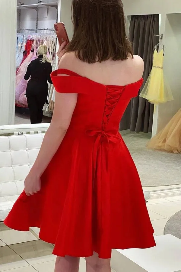 Simple Off the Shoulder Red Homecoming Dress Short Satin Hoco Dress sold by My Chic Dress product image thumbnail 3