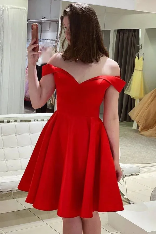 Simple Off the Shoulder Red Homecoming Dress Short Satin Hoco Dress sold by My Chic Dress